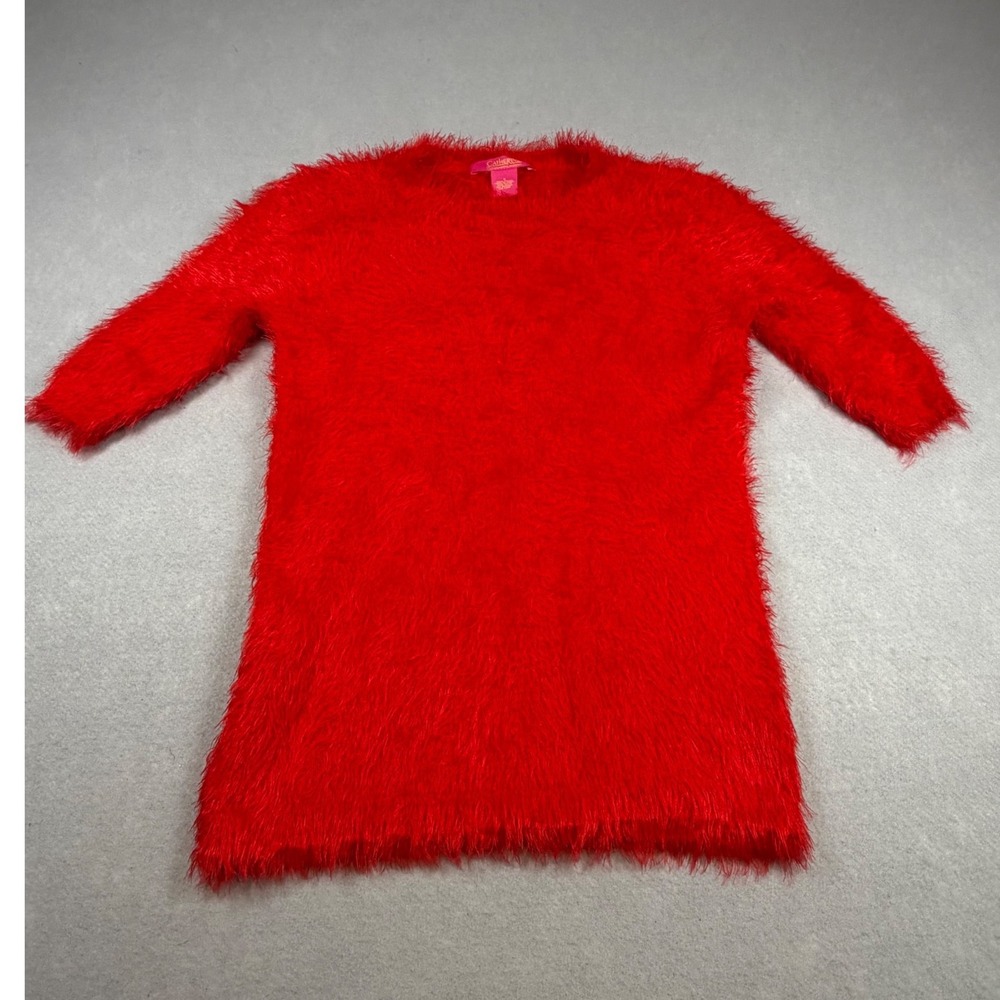 Catherine Malandrino Red Eyelash Knit Fuzzy Sweater Dress 3/4 Sleeve Small